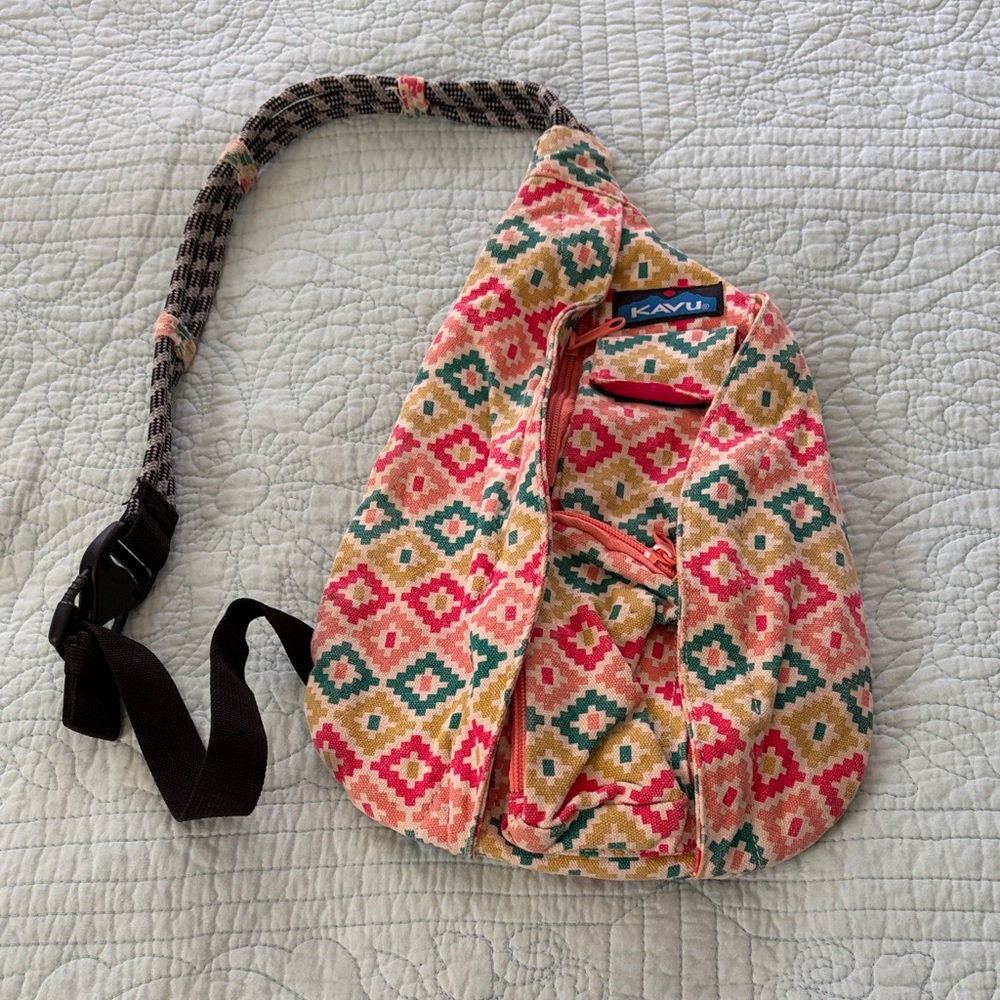 KAVU Rope Sling Bag - Pink, Tan, and Green